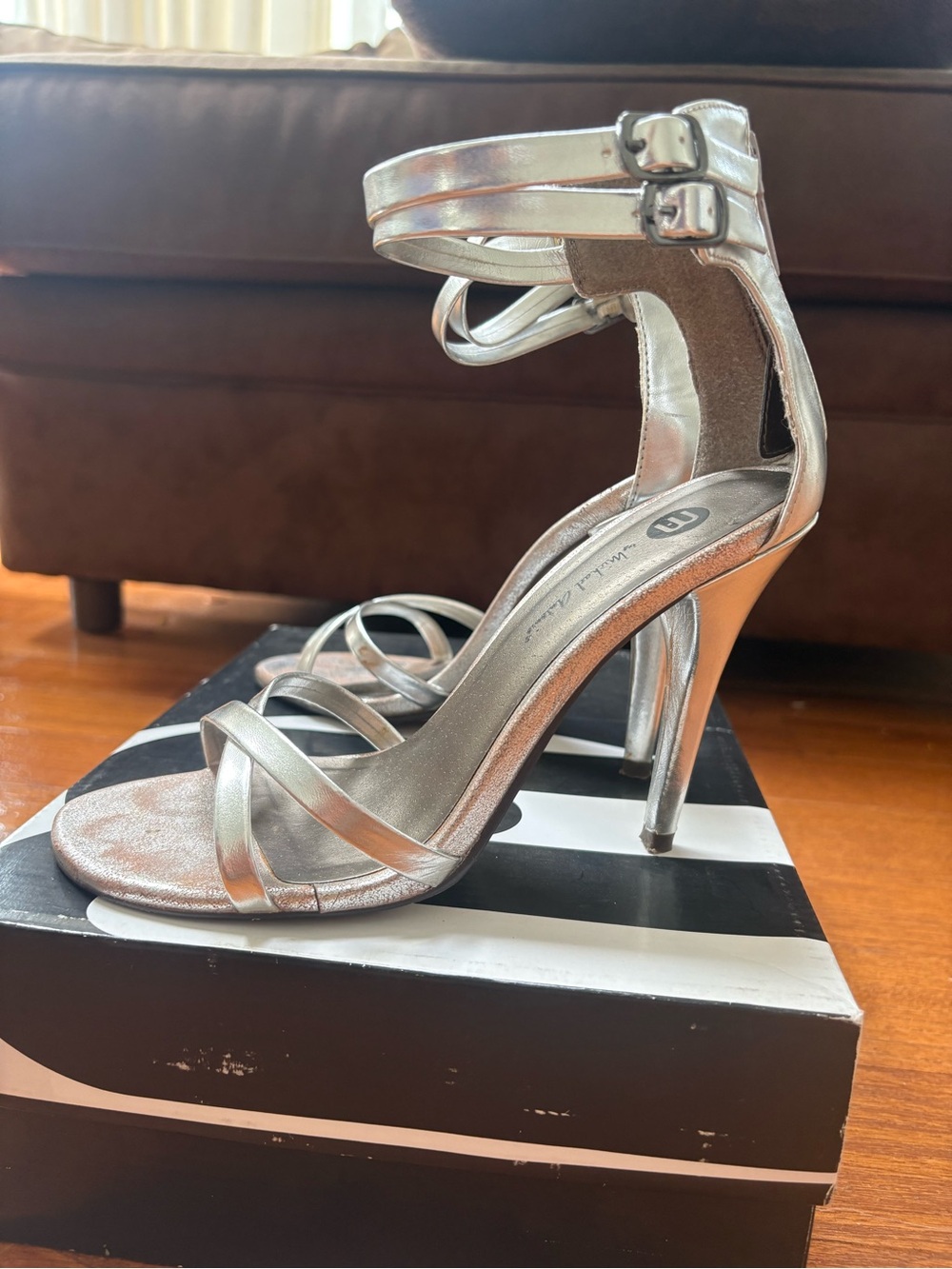 Michael Antonio Metallic Silver Strappy Stiletto Heels
